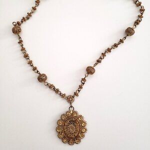 Tambourine Filigree Pendant Necklace - Gold Tone